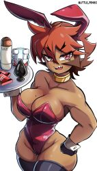 1girls angry angry_expression atlas_(megaman) brown_hair bunny_ears bunnysuit buttplug capcom choker collar condom dark_skin large_breasts littlepengo lube_bottle mega_man_zx mega_man_zx_advent metalkaiser mole mole_on_breast mole_on_thigh orange_hair red_eyes sex_toy thick_thighs thighhighs two-tone_hair