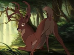 animal_genitalia animal_penis antlers anus ass backsack balls bambi_(film) big_balls bodily_fluids brown_body brown_eyes brown_fur cervine_genitalia cervine_penis cloven_hooves cum cum_drip deer disney dock_(anatomy) dripping feral forest fur genital_fluids genitals hi_res holidaypup hooves horn looking_back male mammal nature outside penis plant presenting presenting_hindquarters raised_tail solo tail the_great_prince_of_the_forest tree