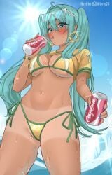 1girls ass beach big_ass big_thighs bikini brazil brazilian brazilian_female brazilian_miku breasts butt can coca-cola cyan_eyes cyan_hair drinking female female_only hatsune_miku ibbyty20 latin_american_hatsune_miku_(meme) long_hair looking_at_viewer medium_breasts offering offering_to_viewer shirt shorts solo tagme tan tan_body thick_hips thick_thighs thighs twintails vocaloid water wet wet_body yellow_shirt