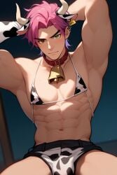 abs ai_generated big_pecs blush cow_bikini cow_ears cow_print cow_print_bikini gay heartsteel_kayn heartsteel_series heterochromia kayn league_of_legends male male_focus male_only muscular_male pecs pink_hair purple_hair self_upload tom_ai yaoi