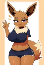 1girl 1girls 2024 2024s 5_fingers absurd_res ai_generated anthro anthrofied belly_button big_breasts blue_shirt blue_shorts blue_topwear bottomwear breasts brown_body brown_fur canid canine canis choker clothed clothing crop_top eevee eeveelution fang fang_out female female_focus female_only fingers fur furry furry_female game_freak gen_1_pokemon generation_1_pokemon gesture gym_bottomwear hellsonger hi_res jewelry looking_at_viewer mammal midriff navel necklace nintendo pokémon_(species) pokemon pokemon_(creature) pokemon_(franchise) pokemon_(game) pokemon_(species) pokemon_rgby pokemorph purple_eyes shirt shorts smile solo tail thick_thighs thighs topwear wide_hips