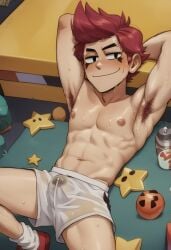 1boy ai_generated armpit_hair armpits arms_behind_head bara big_bulge blush brawl_stars breasts bulge bulge_through_clothing chester_(brawl_stars) erection_under_clothes eye_makeup gay looking_at_viewer male male_only nipples red_hair redhead relaxed smile smiling smirk smirking socks solo solo_male stuffed_toy sweat sweatdrop sweating sweaty thighs underwear wet_clothes wet_skin