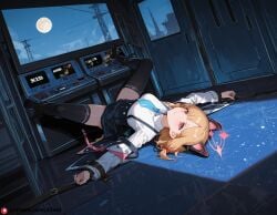 ai_generated arms_restrained beautfiul_background exhausted full_moon gravel_path medium_breasts momoi_(blue_archive) spread_legs straight_legs stunning_backgroud tip_toe woman_stuck_inside_arcade_game