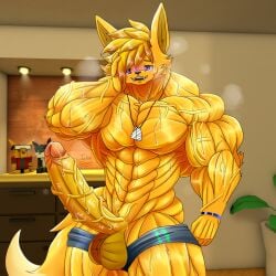 abs arm_braclet balls_out bedroom bedroom_eyes biceps big_boner big_penis big_tail boner_out ceiling_lights cgi_background drawers fangs fennec figures fur furry glans hair house_plant love_feeling muscle_fur muscles muscular muscular_furry necklace orange_fur orgasm pecs penis_out purple_eye seducing sexually_excited shorts_pulled_down smiling sweat taiko-sihori takio_sihori_(character) triceps