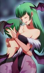 1boy age_difference animal_print back bare_back bat_print bearhug bodysuit breasts bridal_gauntlets cleavage closed_eyes collant crossdressing cuddling darkstalkers demon_wings exposed_shoulders female green_hair happy head_wings highleg highleg_leotard hug incest large_breasts leotard long_hair male mature_female milf mizu_(rain-mbdn) mommy_kink morrigan_aensland mother_and_child mother_and_son parted_lips pillarboxed print_legwear rain-mbdn short_hair succubus trap very_short_hair wings