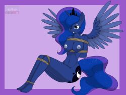 2012 alicorn anthro anthrofied biped blue_body blue_eyes blue_hair bondage bound breasts crown cutie_mark digital_media_(artwork) equid equine feet female friendship_is_magic hair hasbro headgear hi_res horn kloudmutt mammal my_little_pony mythological_creature mythological_equine mythology nipples nude princess_luna_(mlp) rope sitting sparkles submissive submissive_female wing_boner wings