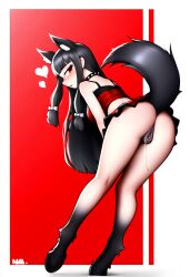 ai_generated bending_over black_hair blush choker cookie-girl crop_top digitigrade equine_pussy fox_ears from_behind from_behind_position hooves horse_tail long_hair original_character presenting_hindquarters presenting_pussy pussy_juice_drip red_eyes sadie_(oc) simple_background skirt upskirt