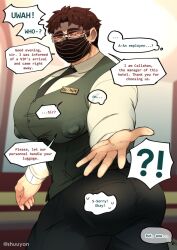 bara bara_tiddies bara_tits big_breasts big_chest brown_hair callahan_(shuuyon) glasses greeting hotel hotel_manager huge_breasts huge_chest male mask nipple_bulge nipples_visible_under_clothing shuuyon