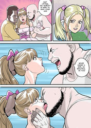 2girls age_difference blonde_hair brown_eyes clothing comic eyeshadow female forced_kiss french_kiss hair_grab imminent_gangbang imminent_oral july_(tekuho) kissing lipstick lisa_(tekuho) long_hair makeup male open_mouth original teenager tekuho tied_hair twintails wide_eyed young