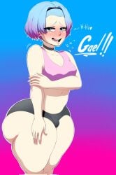 1boy alviriaart ass big_ass bubble_butt bulge choker crop_top dialogue ear_piercing fat_ass femboy gael_(alviriaart) huge_ass large_ass looking_at_viewer male male_only original piercing shorts solo talking_to_viewer text thick_ass thick_thighs wide_hips