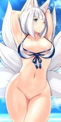 animal_ear_fluff animal_ears areola_slip arms_behind_head azur_lane bikini blue_eyes blue_sky blunt_bangs breasts closed_mouth female female_focus fox_ears fox_tail kaga_(azur_lane) kaga_(everlasting_killing_stone)_(azur_lane) medium_breasts multiple_tails navel ocean one_eye_closed pussy short_hair sia_namsbinpeni sky smile solo swimsuit tail white_bikini white_hair