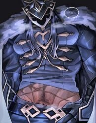 1boy 1male bara bara_tiddies bara_tits big_pecs black_background black_hair blue_clothing bulge capitano_(genshin_impact) clothed dark-skinned_male dark_blue_hair dark_hair dark_skin english_text gay genshin_impact happy_trail heavy_breathing hoyoverse looking_at_viewer looking_down male male_focus male_only masked masked_male muscle muscles muscular muscular_male musk musk_clouds musky_cock pecs pecs_focus scar scars solo solo_focus solo_male underview yaoi