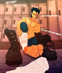 gay locker_room logan_(x-men) macrophilia male_feet male_foot_fetish marvel marvel_comics no_visible_genitalia shirtless shoes_removed smelly_feet sock_removed sonochiii text