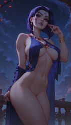 1girls 9:16 ai_generated breasts dc_comics large_breasts meat_master nipple_bulge pinup purple_eyes purple_hair raven_(dc) thighs_together