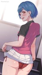 :p absurdres ass ass_focus blue_hair blush female from_behind highres kanikatsuya lifting_skirt looking_at_viewer looking_back mole_under_eye open_mouth orange_eyes original pink_shirt presenting_hindquarters red_panties short_hair showing_ass showing_panties skirt_lift smile solo standing string_panties sweat tennis_uniform tongue_out white_skirt