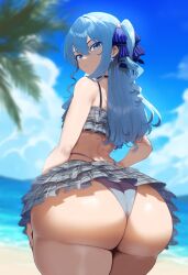 1boy ai_generated ameanon ass beach big_ass big_butt bikini bikini_skirt blue_eyes blue_hair bottom_heavy crossdressing femboy frilled_bikini from_behind hand_on_hip hololive hoshimachi_suisei huge_ass huge_butt large_ass large_butt looking_at_viewer looking_back thick_thighs twink virtual_youtuber vtuber