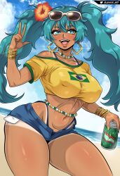 1girls ass big_ass big_breasts big_thighs bikini blannis_art blush brazil brazilian brazilian_female brazilian_miku breasts butt cyan_eyes cyan_hair female female_only gigantic_ass gigantic_thighs hatsune_miku huge_ass huge_breasts huge_thighs latin_american_hatsune_miku_(meme) long_hair looking_at_viewer shirt shorts solo tagme tan tan_body thick_hips thick_thighs thighs thong twintails vocaloid yellow_shirt