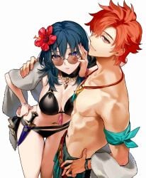 1boy 1girls alternate_costume arm_around_shoulder bare_shoulders bare_thighs bikini black_bikini black_swimsuit blue_hair breasts byleth_(female)_(fire_emblem) byleth_(female)_(summer)_(fire_emblem) byleth_(fire_emblem) closed_mouth cropped dagger dark_blue_hair fire_emblem fire_emblem:_three_houses fire_emblem_heroes flower from_above hair_flower hair_ornament hand_on_own_face hand_on_own_hip hetero hibiscus ichimonjikun2 jewelry knife large_breasts long_hair looking_at_viewer male_swimwear navel nintendo official_alternate_costume orange_hair pendant red_flower round_eyewear sandals sheath sheathed short_hair simple_background standing sunglasses swim_trunks swimsuit sylvain_jose_gautier thigh_gap topless_male towel weapon white_background