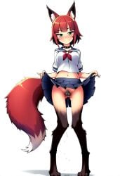 ai_generated alexis_(oc) blush canine_pussy choker cookie-girl crop_top digitigrade excessive_pussy_juice fox_ears fox_tail green_eyes hairband happy heart_symbol original_character paws presenting_pussy pussy pussy_juice pussy_juice_drip red_hair red_tail skirt skirt_lift smiling smiling_at_viewer spiked_collar upskirt