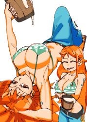 3amsoda beer big_breasts bikini bikini_top breasts cleavage female female_only jeans long_hair nami nami_(one_piece) one_piece open_mouth orange_hair pants post-timeskip solo striped_bikini tagme tattoo tongue tongue_out