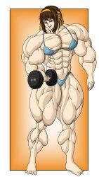 abs big_biceps big_breasts big_muscles big_triceps bikini brown_eyes flexing flexing_bicep fudgex02 massive_breasts massive_muscles massive_pecs massive_thighs pose smiling weightlifting