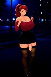 ai_generated brown_eyes cleavage futanari giant_breasts heels human_focus in_public looking_at_viewer majorfluffy narrow_waist novelai off_shoulder red_hair skirt smile stockings tagme tan-sknned_futanari tan_lines tanlines thick_thighs thigh_highs tight_clothing tight_skirt uncut updo wide_hips