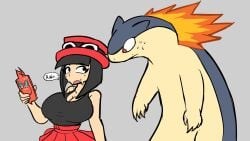 1girls 2024_pokemon_teraleak big_breasts black_hair delta_(desiredelta) desiredelta dialogue english english_text female female_focus fully_clothed hat light_skin mary_(desiredelta) meme original pokemon sweat typhlosion