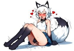 ahe_gao ai_generated blush canine_pussy choker cookie-girl crop_top digitigrade eve_(oc) excessive_pussy_juice female_orgasm fox_ears fox_tail hairband happy heart_symbol original_character red_eyes shaking skirt upskirt white_hair