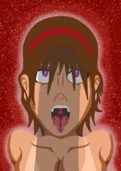 1girls ahe_gao ahegao_face brown_hair dark-skinned_female dark_skin dick_shadow female female_only hand_behind_back human kneeling_oral_position looking_up magenta_eyes no_visible_genitalia open_mouth oral_invitation ponytail purple_eyes solo suntan tan_line tan_lines tongue tongue_out