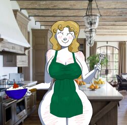 1girls apron apron_only belly_bulge big_ass big_breasts big_hips big_thighs blonde_hair blush blush_lines bra0000 cooking female female_focus female_only real_background small_waist white_skin