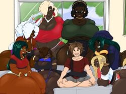 big_breasts carol_(gokusenpai) dark-skinned_female fem-blacked female goku_(gokusenpai) gokusenpai jade_(gokusenpai) jasmine_(gokusenpai) meme_reference multiple_girls nervous_sweat original_character piper_perri_surrounded sole_male tagme taller_girl twitter_link