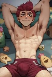 1boy ai_generated armpit_hair armpits arms_behind_head bara big_bulge blush brawl_stars breasts bulge bulge_through_clothing chester_(brawl_stars) erection_under_clothes eye_makeup gay looking_at_viewer male male_only nipples red_hair redhead relaxed smile smiling smirk smirking socks solo solo_male stuffed_toy sweat sweatdrop sweating sweaty thighs underwear wet_clothes wet_skin