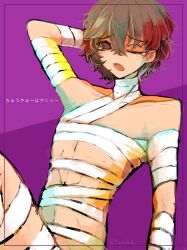 1boy 1male 1man arm_up bandage bandaged_arm bandaged_chest bandaged_leg bandaged_neck bandages brown_eyes brown_hair brunet bsd bungo_stray_dogs bungou_stray_dogs color colored cute cute_boy cute_expression cute_eyes cute_male dazai_osamu feminine_male hand_behind_head japanese_text leaning_back light-skinned_male naked no_sex no_visible_genitalia nude nude_male osamu_dazai pale pale-skinned_male pale_skin sitting skinny skinny_male skinny_waist slender_body slender_waist solo solo_focus solo_male thin thin_male thin_waist twink yawn