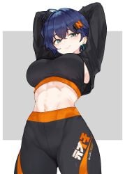 1girls belle_(zenless_zone_zero) black_hair bluefield breasts female large_breasts light-skinned_female light_skin midriff naughty_face short_hair solo solo_female sports_bra sportswear underboob yoga_pants zenless_zone_zero