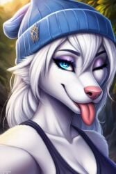 ai_generated beanie blue_eyes female sarah_snowpaw sticking_out_tongue white_hair wink wolf