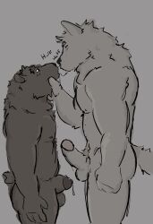 absurd_res anthro balls bear blush bodily_fluids brown_body canid canine canis chode cum dickinoatmeal dripping duo erection eye_contact face_grab face_to_face fur genital_fluids genitals hair hi_res humanoid_genitalia humanoid_penis invalid_tag kissing leaking_precum looking_at_another looking_down male male/male mammal muscular nipples nude penis precum precum_drip precum_string saliva saliva_string seductive simple_background size_difference surprised_expression tail wolf