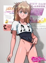 alternate_version_available asuka_langley_sohryu blue_eyes brown_hair clothes_pull clothing cowboy_shot edit edited exposed_pussy female long_hair looking_at_viewer neon_genesis_evangelion pussy red_hair smile tekuho workout_clothes