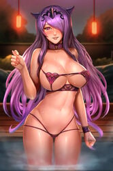 badcompzero big_breasts bikini breasts camilla_(fire_emblem) choker cleavage female female_only fire_emblem fire_emblem_fates hair_over_one_eye large_breasts looking_at_viewer micro_bikini micro_bikini_top onsen purple_hair sideboob solo underboob