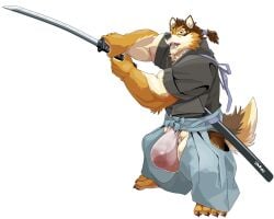 5:4 anthro asian_clothing barrel_(live_a_hero) big_bulge biped brown_body brown_fur bulge canid canine chan_kiti_chan clothing east_asian_clothing fangs fingers fur hi_res holding_katana holding_melee_weapon holding_object holding_sword holding_weapon huge_bulge japanese_clothing katana lifewonders live_a_hero male mammal melee_weapon muscular muscular_anthro muscular_male open_mouth solo sword tail teeth weapon