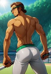 abs ai_generated ass back baseball_bat baseball_uniform biceps brown_hair glasses kukui_(pokemon) looking_at_viewer looking_back male male_only muscular muscular_male pokemon professor_kukui toned_body toned_male twall97