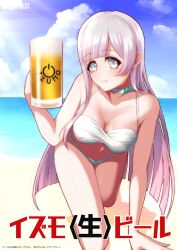 beach beer big_breasts collar d4dj hiraken izumo_saki japanese_text swimsuit