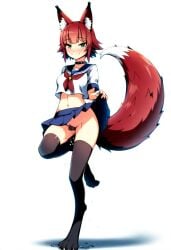 ai_generated alexis_(oc) blush canine_pussy choker cookie-girl crop_top digitigrade excessive_pussy_juice fox_ears fox_tail green_eyes hairband happy heart_symbol original_character paws presenting_pussy pussy pussy_juice pussy_juice_drip red_hair red_tail skirt skirt_lift smiling smiling_at_viewer spiked_collar upskirt