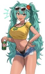 1girls absurdres alternate_breast_size aqua_eyes aqua_hair bikini bikini_under_shorts black_bikini blue_shorts bracelet brazil brazilian brazilian_female brazilian_flag_print brazilian_miku breasts can commentary cowboy_shot drink_can earrings eyewear_on_head female flower gold_bracelet guarana_antarctica hair_between_eyes hair_flower hair_ornament hatsune_miku highleg highleg_bikini highres holding holding_can hoop_earrings jewelry large_breasts long_hair looking_at_viewer midriff multiple_bracelets navel navel_piercing open_fly open_mouth piercing purple_z red_flower shirt short_shorts short_sleeves shorts simple_background smile soda solo stomach swimsuit tachi-e tan tanlines thighs tied_shirt twintails vocaloid white-framed_eyewear white_background yellow_nails yellow_shirt