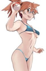 :d armpits asymmetrical_hair bangs bikini blue_bikini blue_swimsuit blush breasts brown_eyes brown_hair clothing cowboy_shot eyelashes female female_only gym_leader hair_between_eyes hair_tie hand_up high_resolution hips holding holding_object holding_poke_ball kasumi_(pokemon) looking_at_viewer medium_breasts misty_(pokemon) navel open-mouth_smile open_mouth orange_eyes orange_hair poke_ball poke_ball_(basic) pokemon pokemon_character ponytail sho-n-d short_hair side_ponytail simple_background sketch smile solo standing swimsuit teeth tied_hair underboob white_background wide_hips