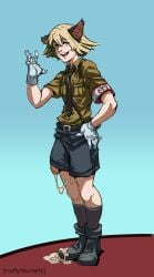 1boy 1femboy blonde_hair cat_ears catboy claws clothed cum cum_on_feet femboy gloves hand_on_hip hellsing hellsing_ultimate huge_cock military_uniform muffynbunarts penis penis_peek penis_visible_through_pants schrodinger smile solo solo_focus standing