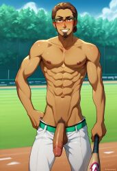 abs ai_generated balls baseball_bat baseball_uniform biceps big_balls big_penis blush brown_hair gay glasses looking_at_viewer male male_only muscular muscular_male nipples pants_down pecs penis pokemon professor_kukui smile toned_body toned_male twall97