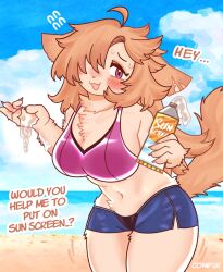 ... 1girls anthro arms_up bare_midriff beach belly belly_button big_breasts bikini bikini_top blue_sky blush breasts busty busty_female comifur curvy curvy_figure exposed_midriff exposed_torso female female_only fingers fur oc original original_character panties request requesting sand sea seaside short_shorts shorts sky sunscreen thick_thighs wide_hips