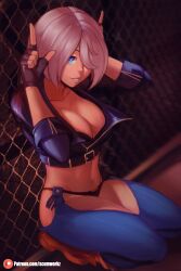 1girls angel_(kof) big_breasts black_thong blue_eyes boots cleavage female female_only fully_clothed hand_gesture jacket king_of_fighters one_eye_covered revealing_clothes scumworkz short_hair source_request squatting thong white_hair