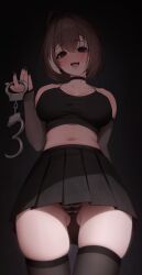 1girls breasts brown_eyes brown_hair female female_only handcuffs hololive hololive_english hololive_english_-council- hololive_english_-promise- large_breasts light_skin long_hair low-angle_view nanashi_mumei panties prab skirt tongue_piercing virtual_youtuber