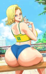 1girls android android_18 android_girl ass big_ass big_breasts big_thighs blonde_hair blue_eyes brazilian breasts crop_top dat_ass dragon_ball dragon_ball_z dumptruck_ass female female_focus female_only gigantic_ass gigantic_breasts gigantic_thighs huge_ass huge_breasts huge_thighs krabby_(artist) short_hair shorts tagme thick_hips thick_thighs thighs yellow_shirt